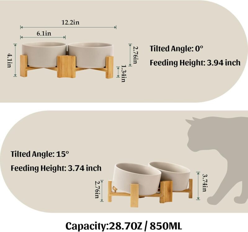 SPUNKYJUNKY 15° Slanted Ceramic Dog and Cat Bowl with Wooden Stand, Tilted Bulldog Food and Water Bowl No Slip Non-Spill for Cats Medium Dogs Big Face Pets 28.7 OZ (3.6 Cups, Grey × 2) - Image 4