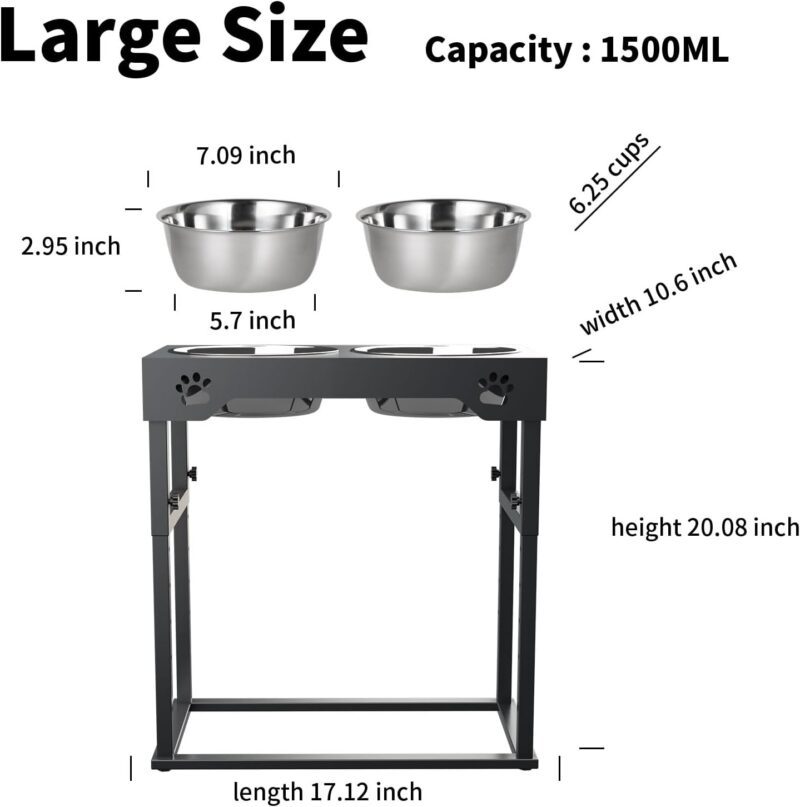 Elevated Dog Bowls, Stainless Steel Raised Dog Bowls Adjustable to 8 Heights, 2.75", 7.5", 10.5'', 14''-20'', for Medium & Large Sized Dogs, with 2 Stainless Steel Dog Bowls for Food & Water - Image 6