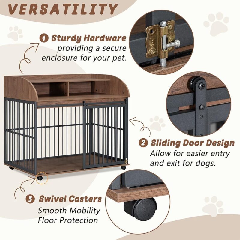 Dog Crate Furniture with Storage, 44'' Heavy Duty Large Dog Kennel Furniture for Large Medium Dog with Lockable Wheels, Wooden Indoor Dog House, End Table Crate with Double Layer Storage, Brown - Image 3