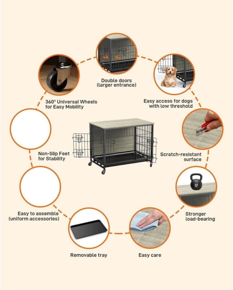 Dog Crate Furniture, Removable Tray and Wheels Gray & Black - 27.2" Lx 20.1'W x 23.6" H - Image 4