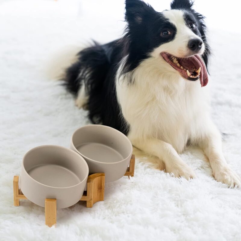 SPUNKYJUNKY 15° Slanted Ceramic Dog and Cat Bowl with Wooden Stand, Tilted Bulldog Food and Water Bowl No Slip Non-Spill for Cats Medium Dogs Big Face Pets 28.7 OZ (3.6 Cups, Grey × 2) - Image 7