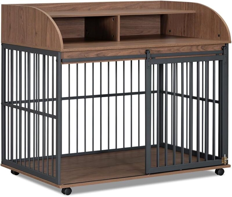 Dog Crate Furniture with Storage, 44'' Heavy Duty Large Dog Kennel Furniture for Large Medium Dog with Lockable Wheels, Wooden Indoor Dog House, End Table Crate with Double Layer Storage, Brown - Image 6