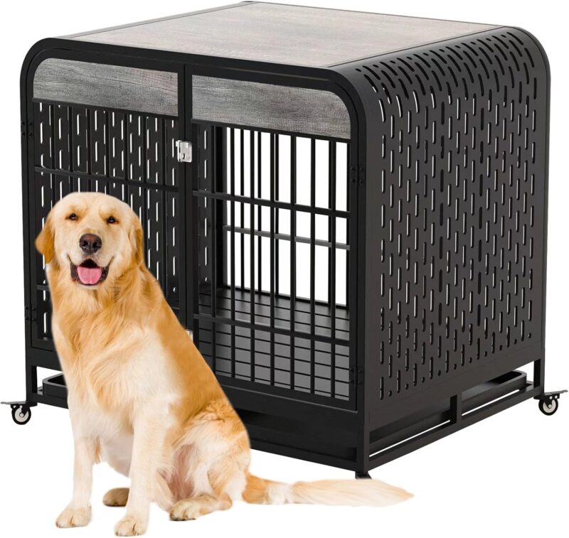 Heavy Duty Dog Crate Furniture Wooden Table Pet Dog Cage Kennel House Indoor Side End Table Decor with Removable Trays and Lockable Wheels for Medium and Large Dogs 42" Grey