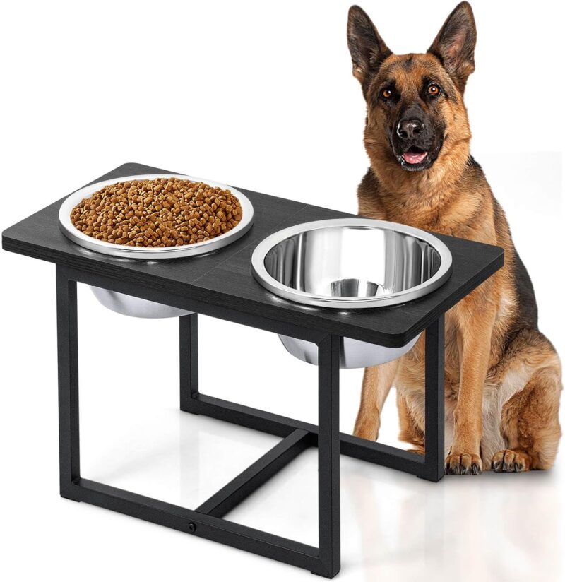 Elevated Dog Bowls for Large Dogs, Raised Dog Bowl Stand with Two X-Large Stainless Steel Bowls for Extra Large Dogs, 3.5L Capacity, Black Oak