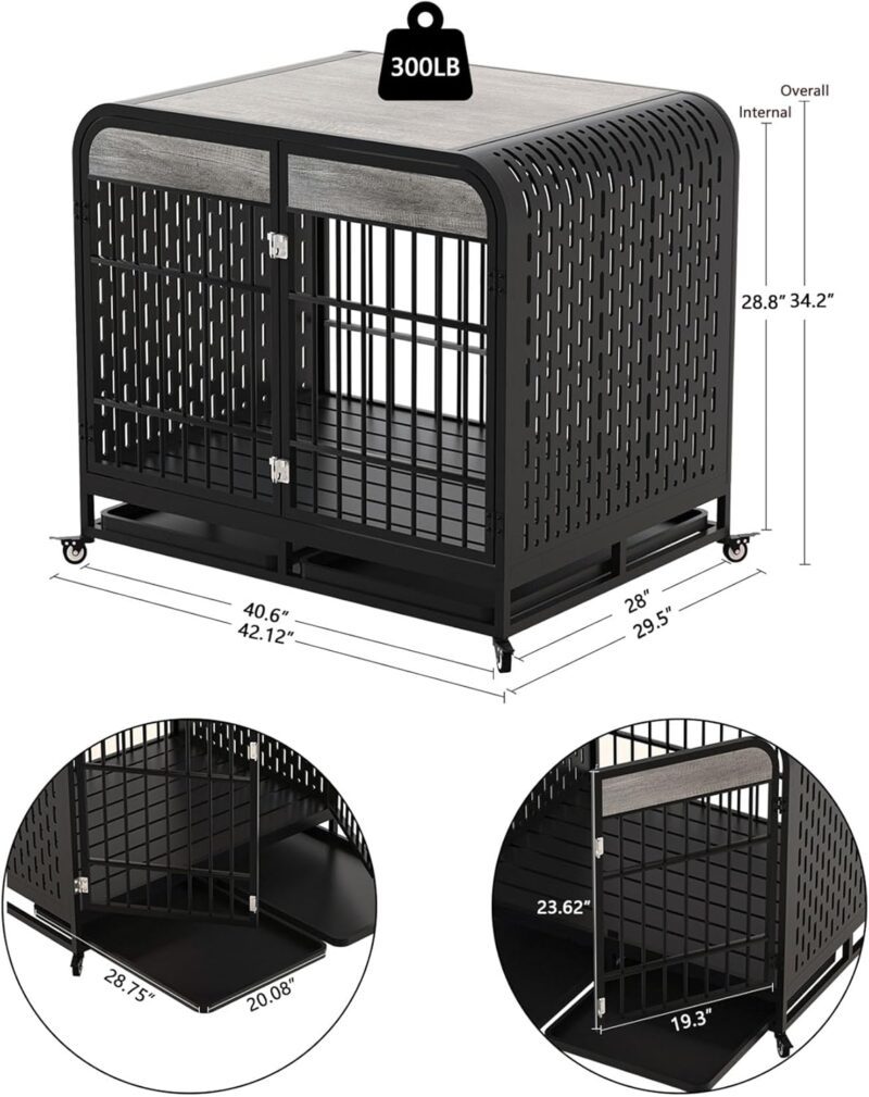 Heavy Duty Dog Crate Furniture Wooden Table Pet Dog Cage Kennel House Indoor Side End Table Decor with Removable Trays and Lockable Wheels for Medium and Large Dogs 42" Grey - Image 3