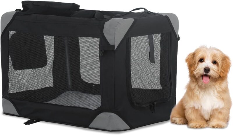 42Inch Collapsible Dog Crate, Portable Travel Dog Kennel for Extra Large Dogs Indoor & Outdoor, 3-Door Pet Kennel with Durable Mesh Windows (Black)