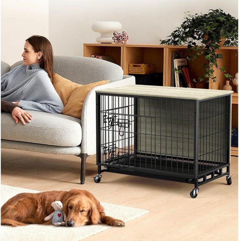 Dog Crate Furniture, Removable Tray and Wheels Gray & Black - 27.2" Lx 20.1'W x 23.6" H - Image 2