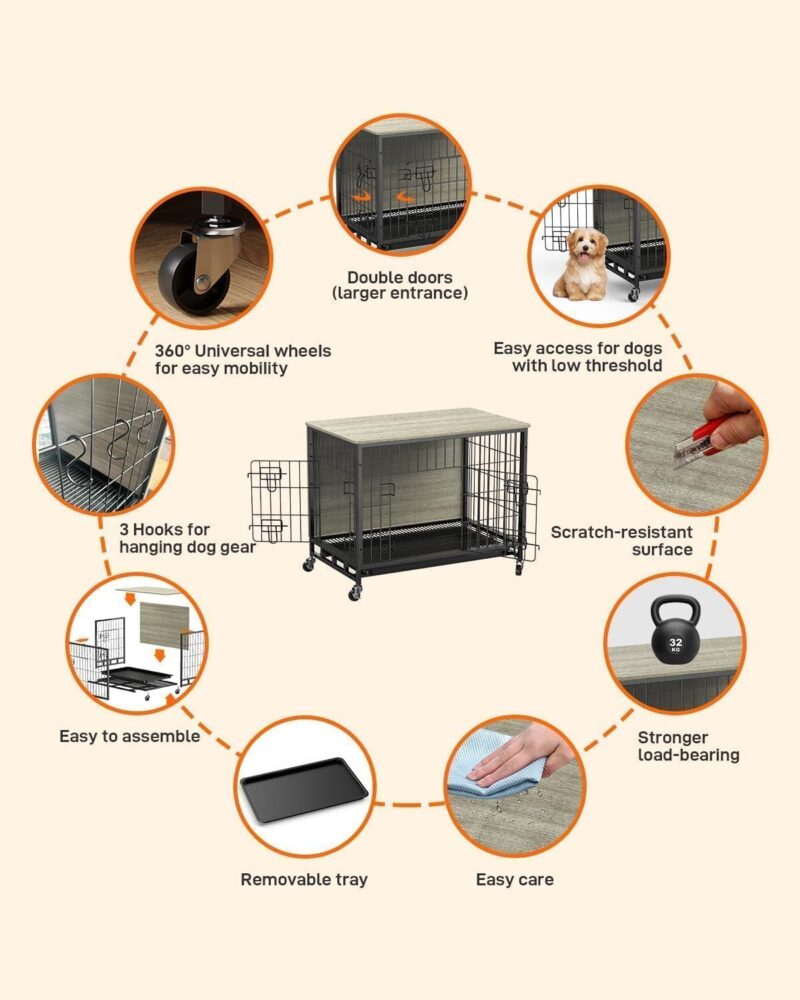 27.2" Rustic Gray Heavy Duty Dog Crate Furniture - Stylish Dual-Entry Kennel & End Table, Chew-Resistant, Easy Mobility, Perfect for Cozy Spaces - Image 5