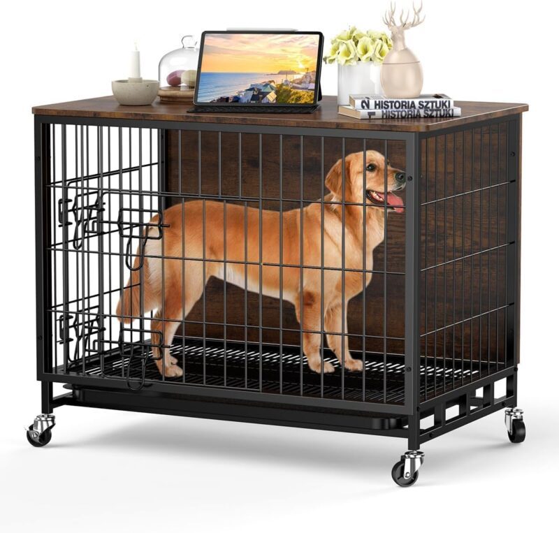 Dog Crate Furniture, 27" Dog Kennel End Table, Wooden Dog Cage with Wheels & Double Doors, Dog Crate Indoor Dog House for Large Medium Dogs, Rustic Brown