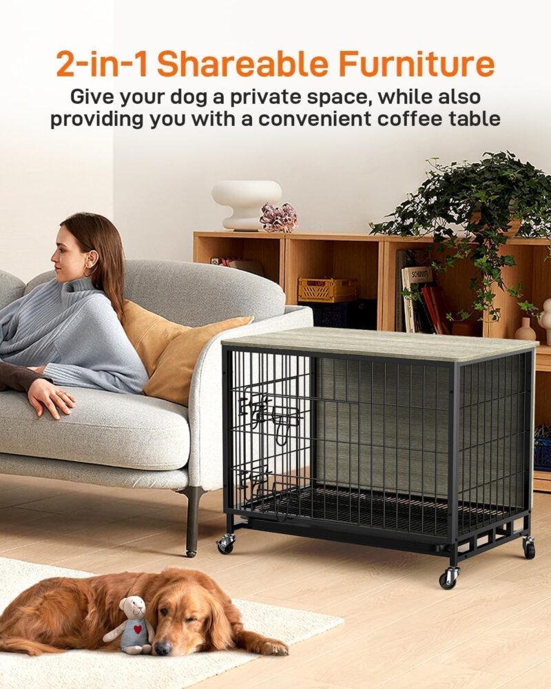 27.2" Rustic Gray Heavy Duty Dog Crate Furniture - Stylish Dual-Entry Kennel & End Table, Chew-Resistant, Easy Mobility, Perfect for Cozy Spaces - Image 2