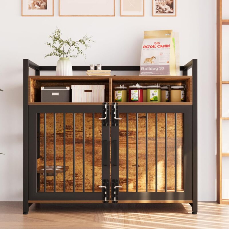 48" Dog Crate Furniture, Large Wooden Dog Kennel with 2 Drawers Storage, 360 Degree Rotating Adjustable Raised Feeder Dog Crate for Large Medium Dog Indoor - Image 7