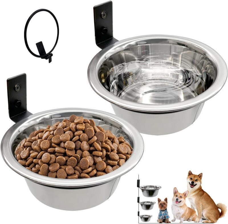 Hamiledyi Wall Mounted Dog Bowl 2 Pack Elevated Dog Bowls Raised Dog Food and Water Bowls Adjustable Heights Hanging Stainless Steel Pet Bowls with Collapsible Stand Holder for Medium Large Dogs Cats