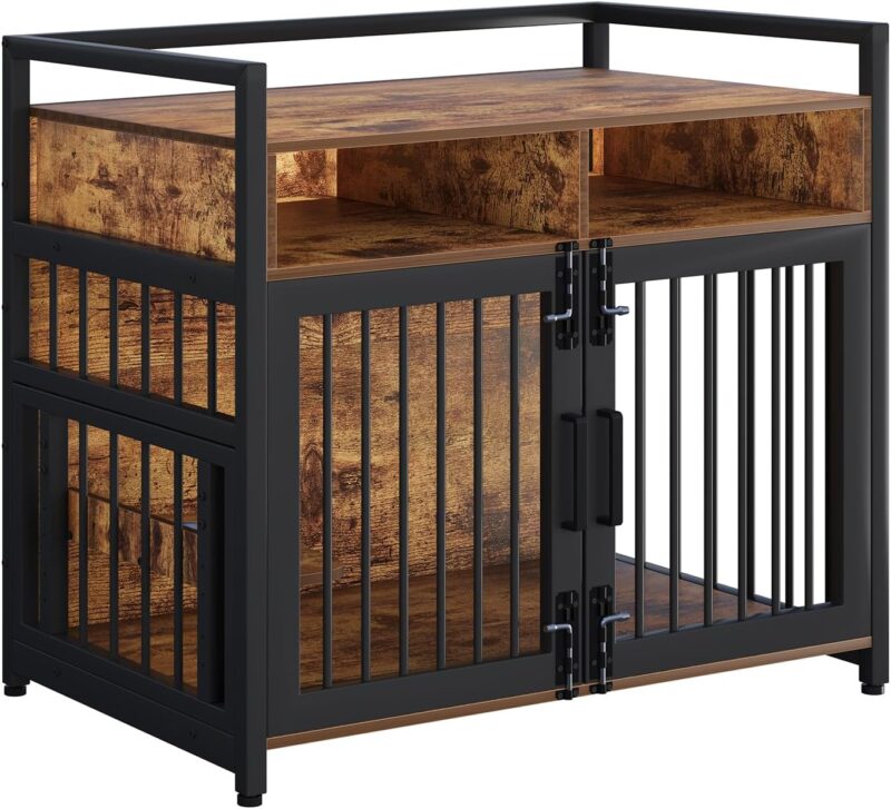 48" Dog Crate Furniture, Large Wooden Dog Kennel with 2 Drawers Storage, 360 Degree Rotating Adjustable Raised Feeder Dog Crate for Large Medium Dog Indoor