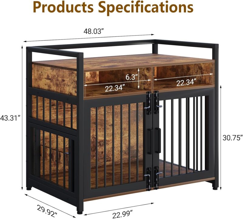48" Dog Crate Furniture, Large Wooden Dog Kennel with 2 Drawers Storage, 360 Degree Rotating Adjustable Raised Feeder Dog Crate for Large Medium Dog Indoor - Image 2