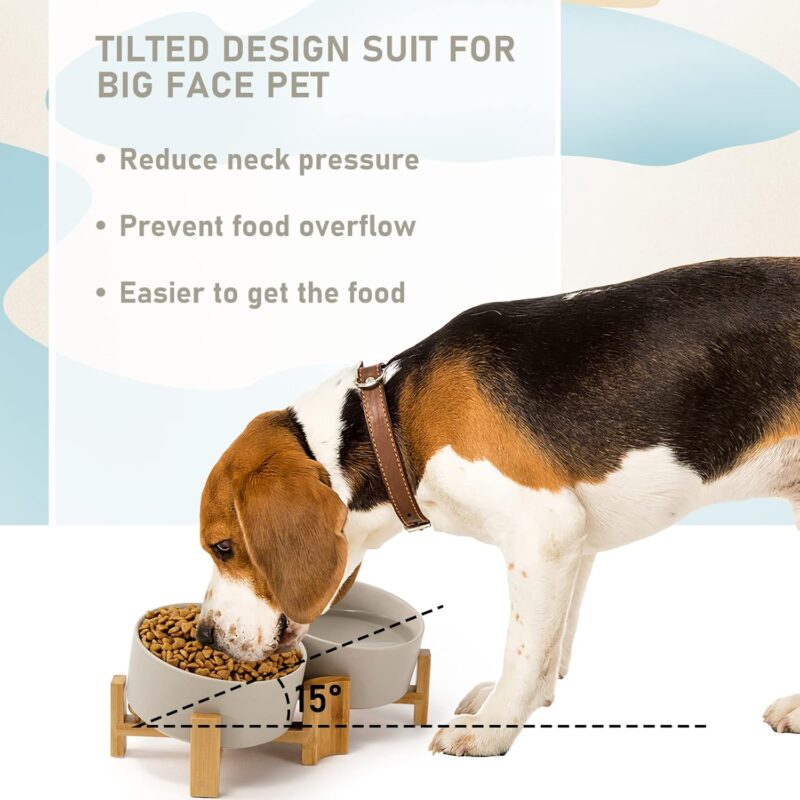 SPUNKYJUNKY 15° Slanted Ceramic Dog and Cat Bowl with Wooden Stand, Tilted Bulldog Food and Water Bowl No Slip Non-Spill for Cats Medium Dogs Big Face Pets 28.7 OZ (3.6 Cups, Grey × 2) - Image 2