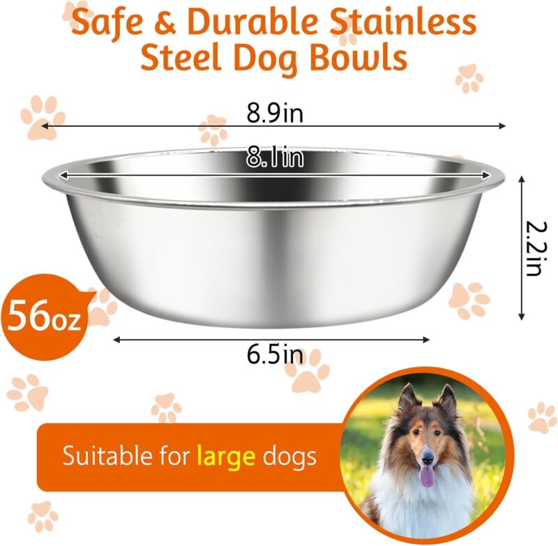 kathson 6 PCS Large Stainless Steel Dog Bowls, Replacement Metal XL Pet Puppy Food Water Bowl Set Suit for Indoor Outdoor, Dog Feeding Dish for Small, Medium, Large Dogs, Dishwasher Safe (8.9 in) - Image 2