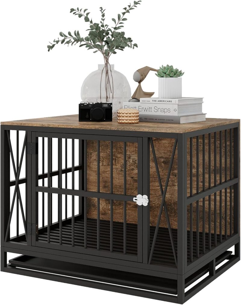 Dog Crate Furniture, 32.67 Inches Dog Kennel for Dogs up to 70 lb, with Removable Tray, Heavy-Duty Dog Cage End Table, Rustic Brown