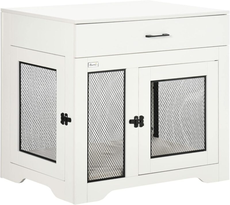 Dog Crate Furniture with Soft Water-Resistant Cushion, Dog Crate End Table with Drawer, Puppy Crate for Small Dogs Indoor with 2 Doors, White