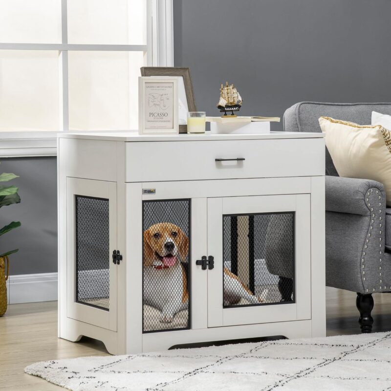 Dog Crate Furniture with Soft Water-Resistant Cushion, Dog Crate End Table with Drawer, Puppy Crate for Small Dogs Indoor with 2 Doors, White - Image 5