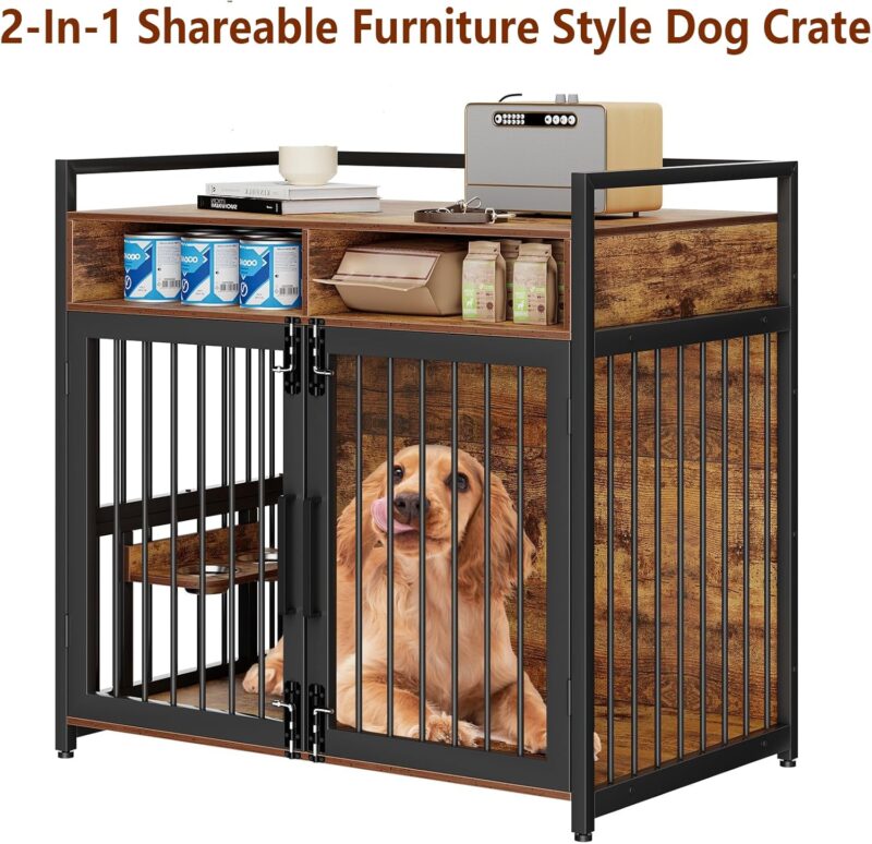 48" Dog Crate Furniture, Large Wooden Dog Kennel with 2 Drawers Storage, 360 Degree Rotating Adjustable Raised Feeder Dog Crate for Large Medium Dog Indoor - Image 6