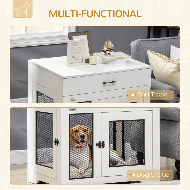 Dog Crate Furniture with Soft Water-Resistant Cushion, Dog Crate End Table with Drawer, Puppy Crate for Small Dogs Indoor with 2 Doors, White - Image 6