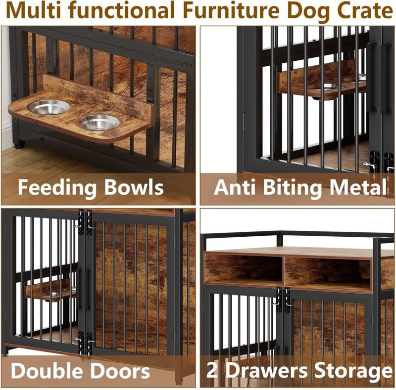 48" Dog Crate Furniture, Large Wooden Dog Kennel with 2 Drawers Storage, 360 Degree Rotating Adjustable Raised Feeder Dog Crate for Large Medium Dog Indoor - Image 4