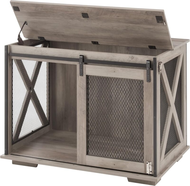 Wooden Dog Crate with Sliding Barn Door and Flap Panel for Small, Medium, Large Dogs, Sturdy and Bite Resistant Furniture Dog Crate with Removable Dividers and Secure Metal Latch (Gray Wash)