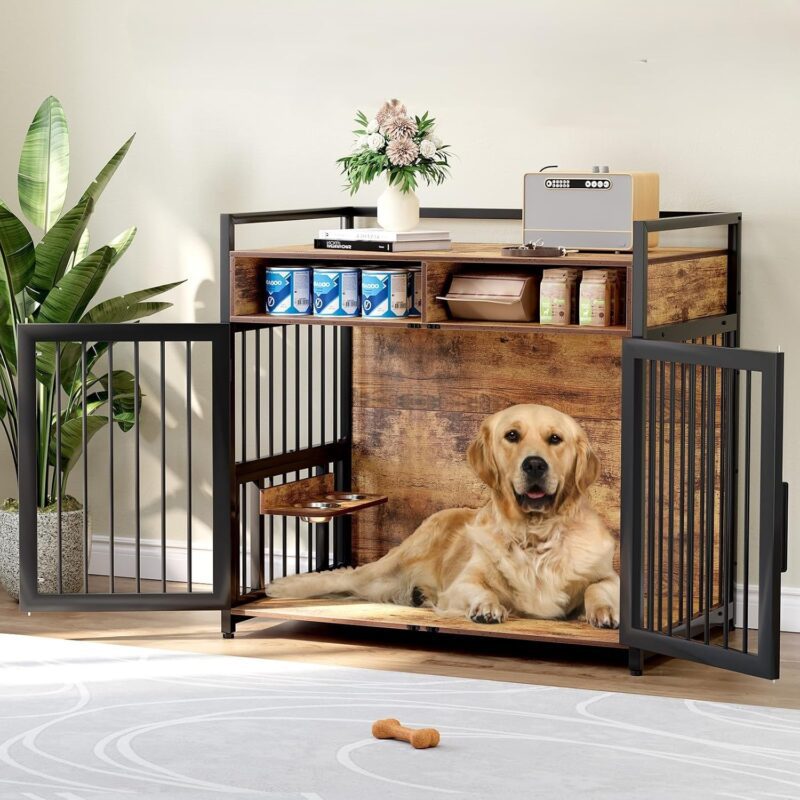 48" Dog Crate Furniture, Large Wooden Dog Kennel with 2 Drawers Storage, 360 Degree Rotating Adjustable Raised Feeder Dog Crate for Large Medium Dog Indoor - Image 3