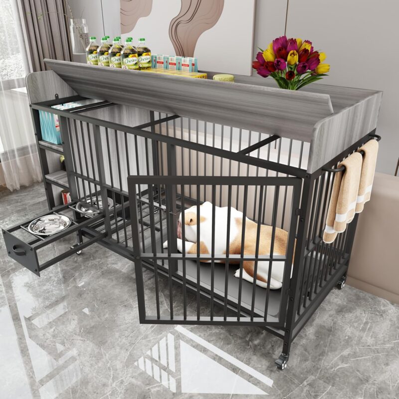 Dog Crate Furniture,Wooden Dog Crate End Table, 57 Inch Dog Kennel with Drawers,Heavy Duty Dog Crate,Decorative Pet Crate Dog Cage for Indoor 57" L x 23.6" W x 33.4" H (Gray) - Image 6