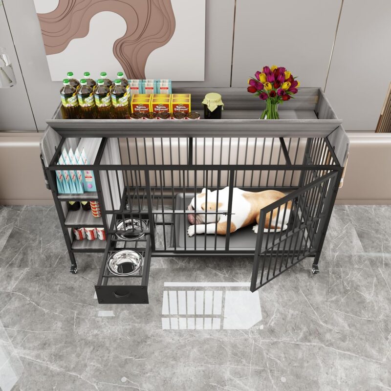 Large Wooden Dog Crate, Furniture Dog Crate, 57" L Big Dog Table Crate, Wooden Dog Crates with Wheels, Comes with Two Stainless Steel Bowls, Suitable for Large Indoor Dogs, Gray
