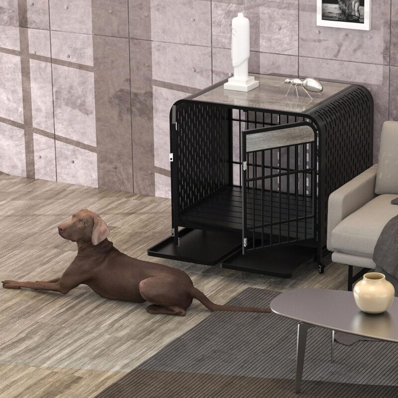 Heavy Duty Dog Crate Furniture Wooden Table Pet Dog Cage Kennel House Indoor Side End Table Decor with Removable Trays and Lockable Wheels for Medium and Large Dogs 42" Grey - Image 6