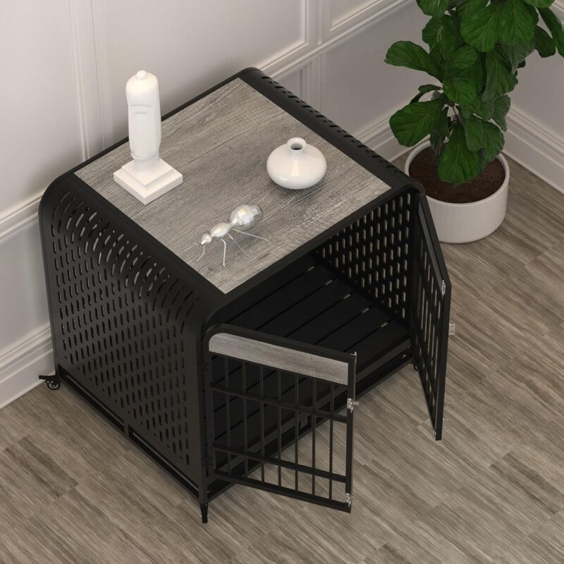 Heavy Duty Dog Crate Furniture Wooden Table Pet Dog Cage Kennel House Indoor Side End Table Decor with Removable Trays and Lockable Wheels for Medium and Large Dogs 42" Grey - Image 7