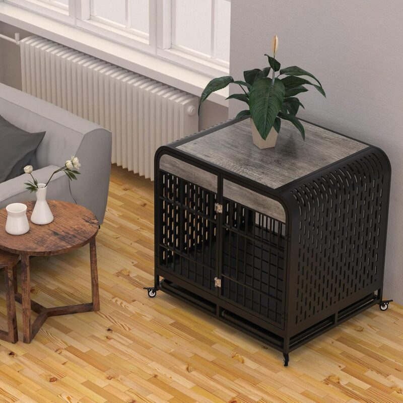 Heavy Duty Dog Crate Furniture Wooden Table Pet Dog Cage Kennel House Indoor Side End Table Decor with Removable Trays and Lockable Wheels for Medium and Large Dogs 42" Grey - Image 4