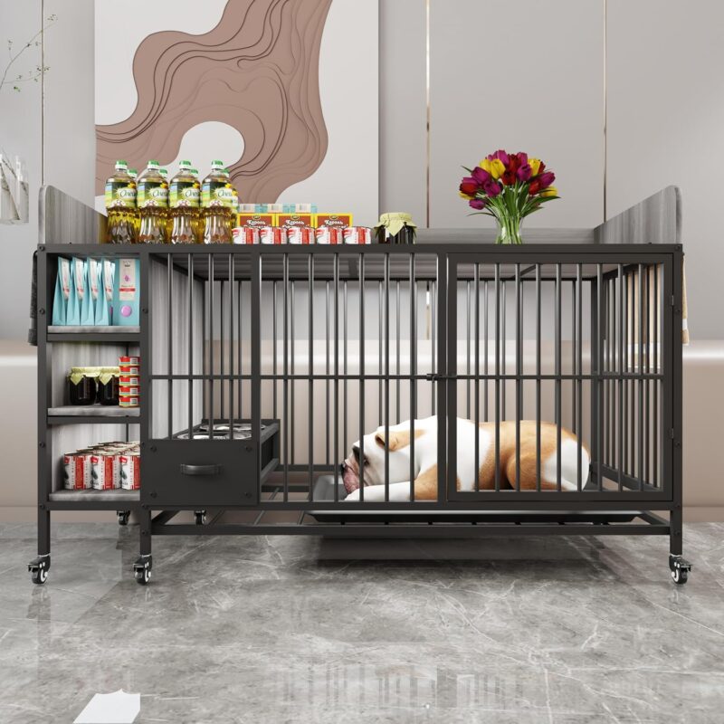 Dog Crate Furniture,Wooden Dog Crate End Table, 57 Inch Dog Kennel with Drawers,Heavy Duty Dog Crate,Decorative Pet Crate Dog Cage for Indoor 57" L x 23.6" W x 33.4" H (Gray) - Image 2