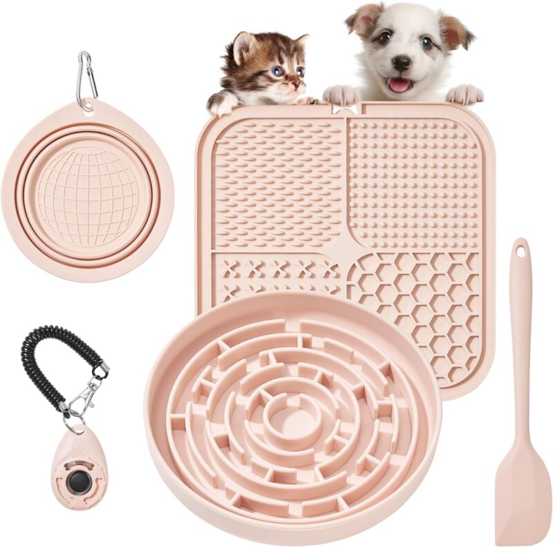 Premium Silicone Slow Feeder Dog Bowl & Lick Pad Set with Suction Cups – Includes Spatula & Training Clicker, Reduces Boredom & Anxiety, Ideal for Medium to Small Dogs & Cats - XAQMHSW