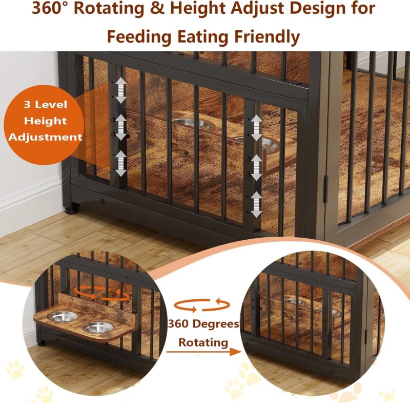 48" Dog Crate Furniture, Large Wooden Dog Kennel with 2 Drawers Storage, 360 Degree Rotating Adjustable Raised Feeder Dog Crate for Large Medium Dog Indoor - Image 5