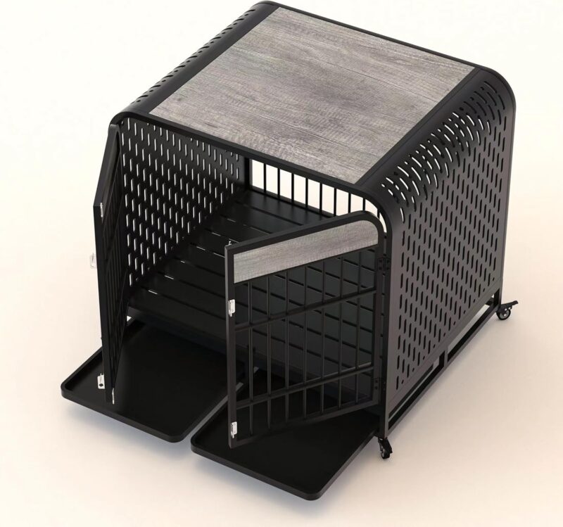 Heavy Duty Dog Crate Furniture Wooden Table Pet Dog Cage Kennel House Indoor Side End Table Decor with Removable Trays and Lockable Wheels for Medium and Large Dogs 42" Grey - Image 8