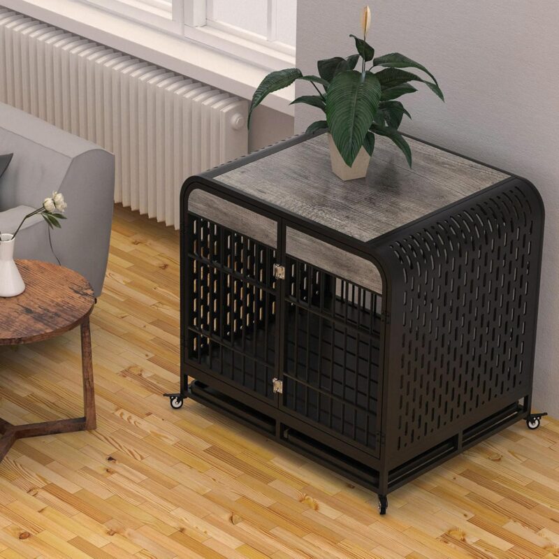 Heavy Duty Dog Crate Furniture Wooden Table Pet Dog Cage Kennel House Indoor Side End Table Decor with Removable Trays and Lockable Wheels for Medium and Large Dogs 42" Grey - Image 5