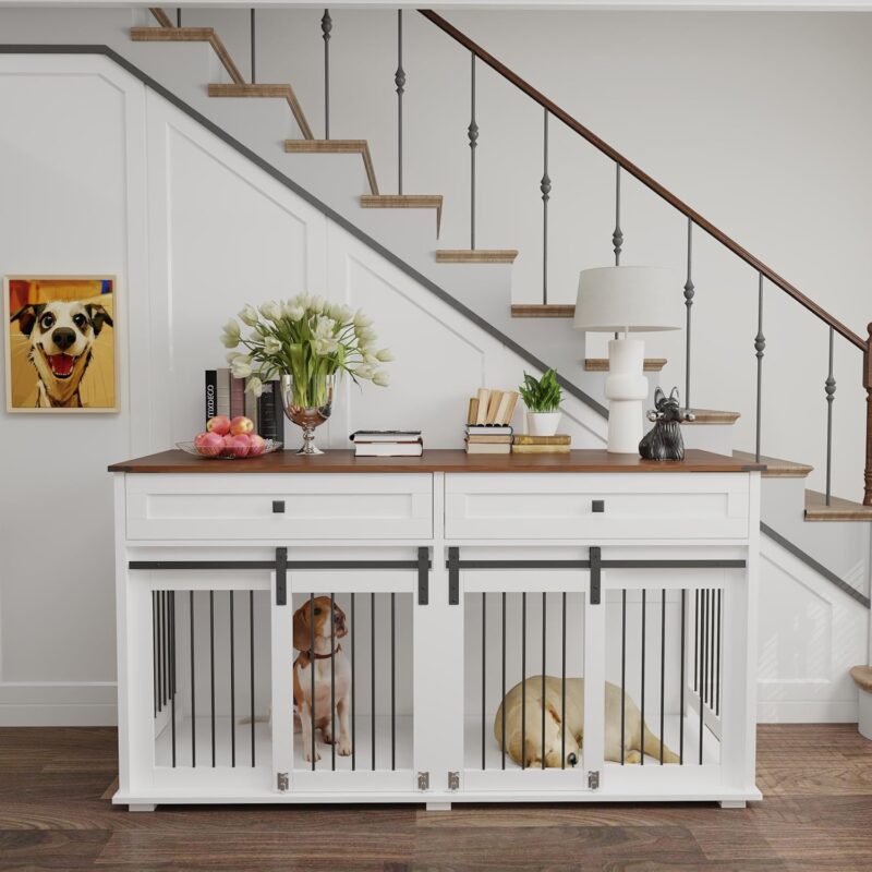 63 inch Large Dog Crate for 2 Dogs, Farmhouse Dog Kennel Indoor with Divider and Sliding Door, Water-Resistant Indoor Dog Crate for Double Dogs, Decorative Pet Crate End Table for Large Dogs, White