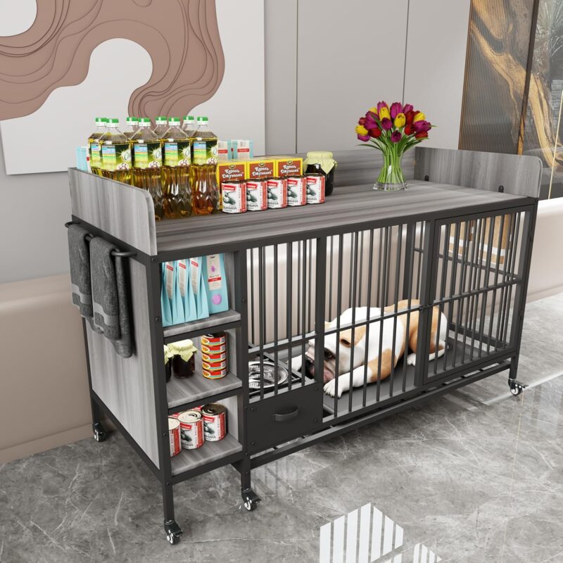 Dog Crate Furniture,Wooden Dog Crate End Table, 57 Inch Dog Kennel with Drawers,Heavy Duty Dog Crate,Decorative Pet Crate Dog Cage for Indoor 57" L x 23.6" W x 33.4" H (Gray) - Image 4