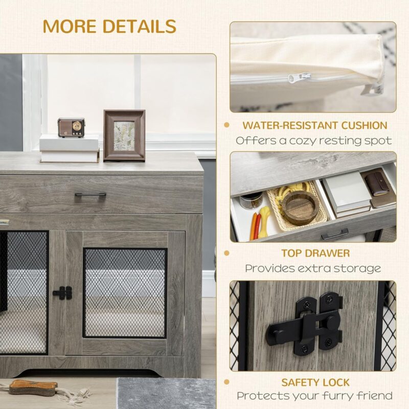 Dog Crate with Soft Water-Resistant Cushion, Dog Crate End Table with Drawer, Puppy Crate for Small Dogs Indoor with 2 Doors - Image 4