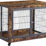 Elegant, Versatile Furniture-Style Wooden Indoor Dog Crate with Rolling Casters, Multiple Entry Points, and Iron Bars - Ideal for Medium-Sized Dogs Up to 70 lbs. (Rustic Brown)