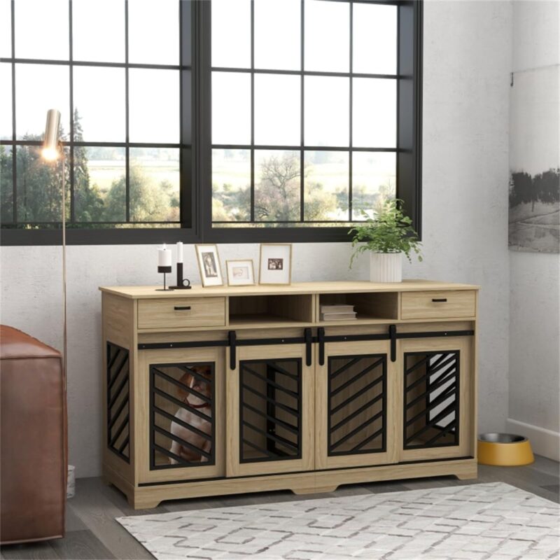 SVRCK Dual Purpose Dog Crate with Storage, Removable Divider for Multiple Pets, Stylish Oak Design, Secure Double Doors