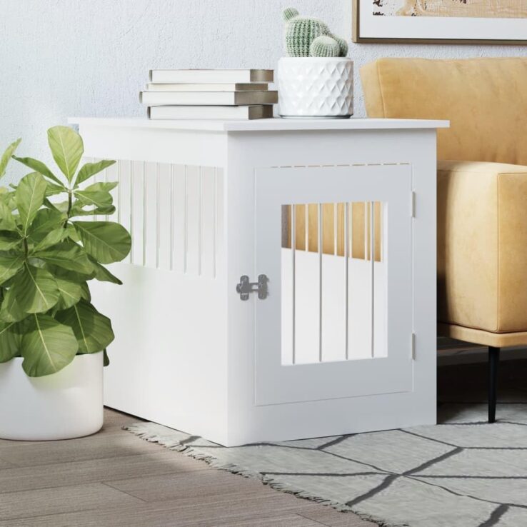 Stylish and Functional Dog Crate Furniture with Steel Wire Design, Multi-Use End Table, White Finish, 21.7" x 29.5" x 25.6"