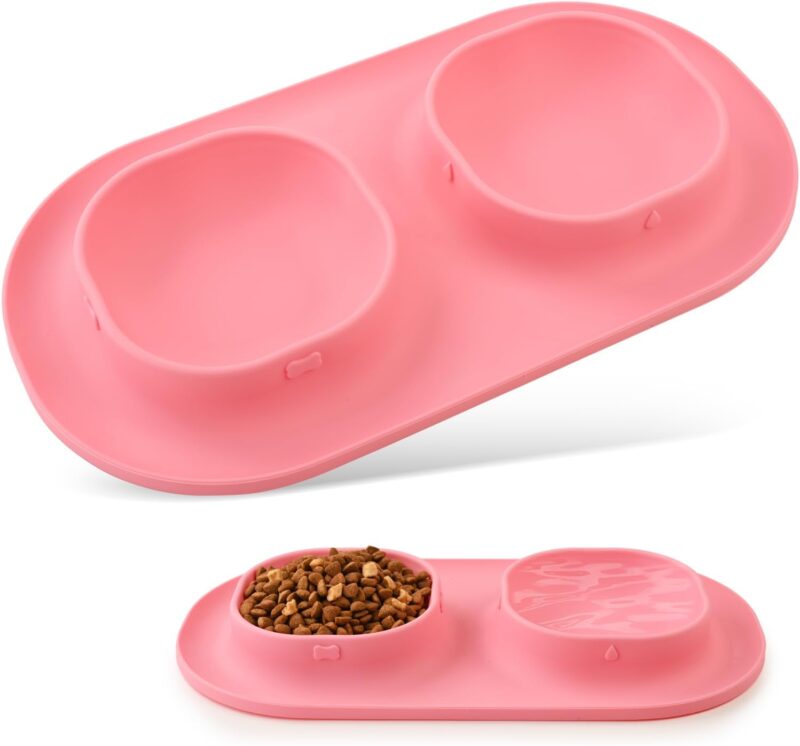 Dog Food Water Bowls for Puppy - Small Medium Dogs Feeder Bowl Mat No-Spill and Non-Skid Dog Dish Pet Feeding Station,Pink