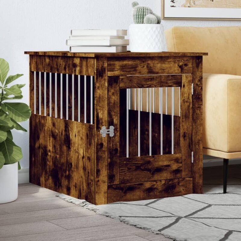 SVRCK Stylish Dog Crate Furniture with 2-in-1 Function, Smoked Oak Finish, Sturdy Engineered Wood and Steel, 25.4" x 31.5" x 28"