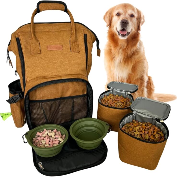 Tito's Closet Dog Travel Bag Includes Dog Travel Accessories 2-Pack Dog Travel Bowl, 2 Dog Food Containers, Dog Treat Bag (Brown), DB2024