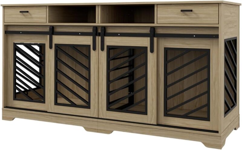 SVRCK Dual Purpose Dog Crate with Storage, Removable Divider for Multiple Pets, Stylish Oak Design, Secure Double Doors - Image 4