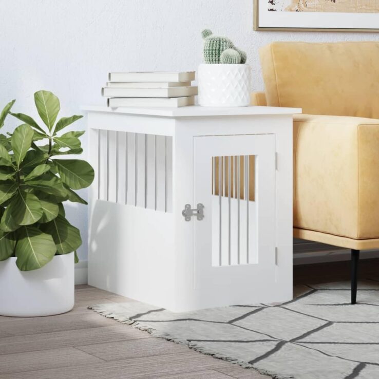 Dual-Function Dog Crate Furniture, Stylish End Table & Safe Dog House, Engineered Wood, White