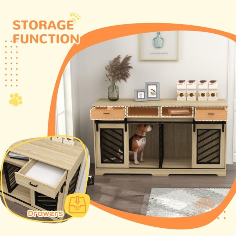 SVRCK Dual Purpose Dog Crate with Storage, Removable Divider for Multiple Pets, Stylish Oak Design, Secure Double Doors - Image 6